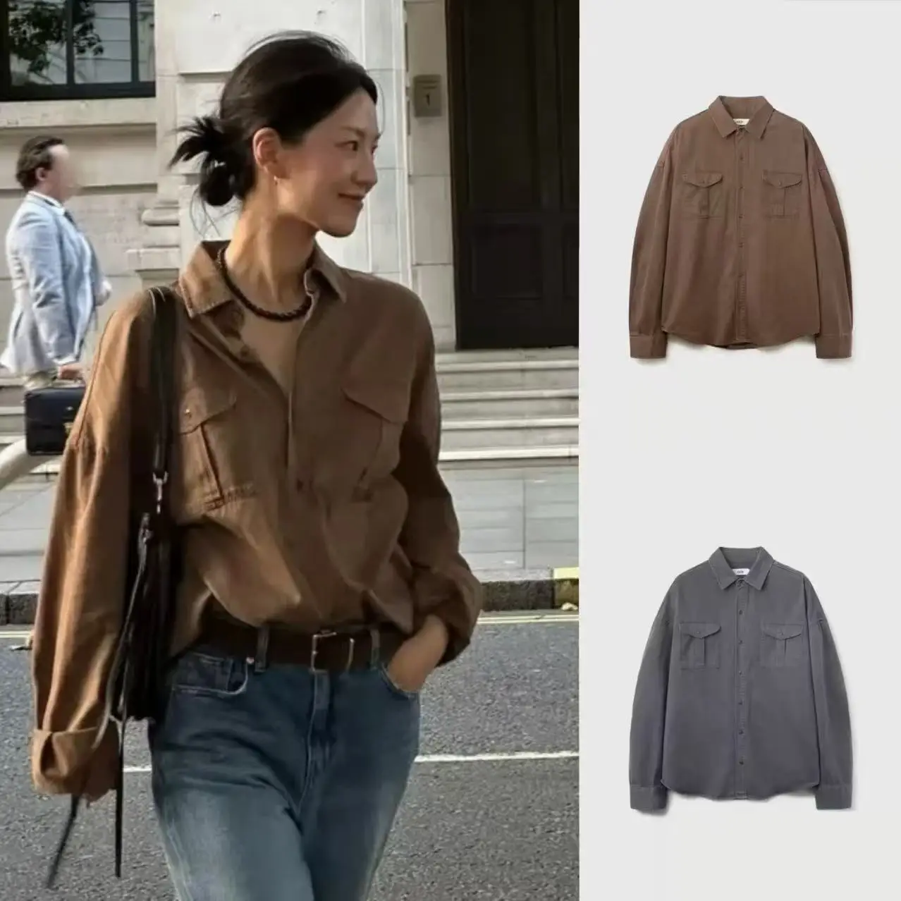 

Retro Aged Double ket Loose Fit Long Sve irt Workwear Sle Turn-down Collar Casual irt Women's Faion