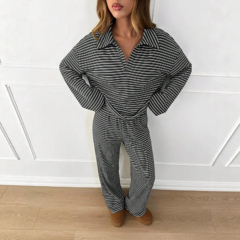 Women Collared V Neck Striped Long Sleeve Top Wide Leg Pants Two Piece Loungewear Set Autumn Winter Casual Outfit S 3XL