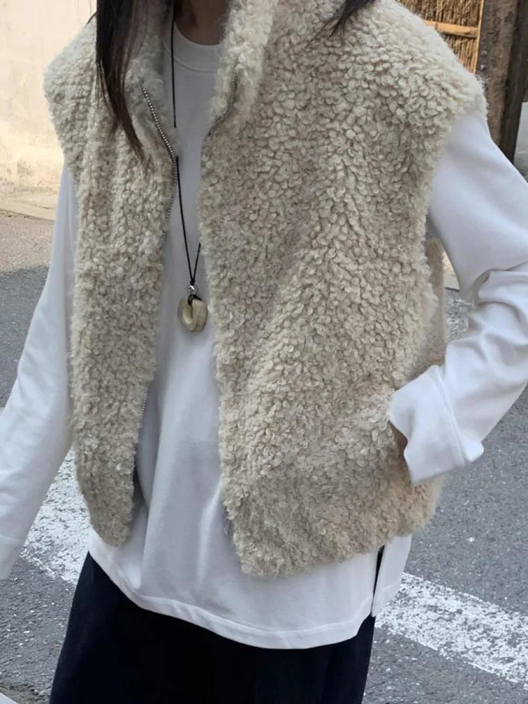 Streetwear Y2K Faux Lamb Vest Women Vintage Stand Collar Warm Vest Winter Casual Female Zipper American Harajuku Retro Tops Vest