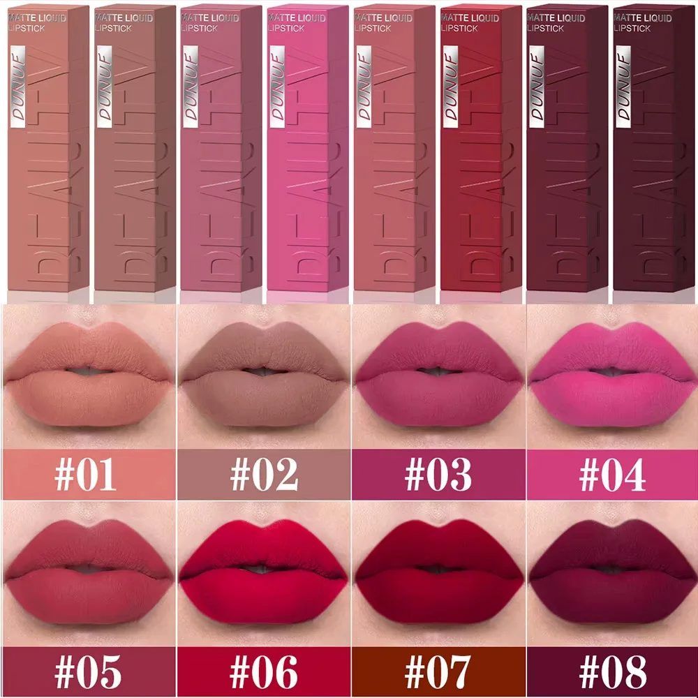 DUNUF Brillo de labios de terciopelo mate, relleno 3D e resistente al agua, lápiz labial de tubo cuadrado, fácil aplicación, 8 tonos (todo en uno)
