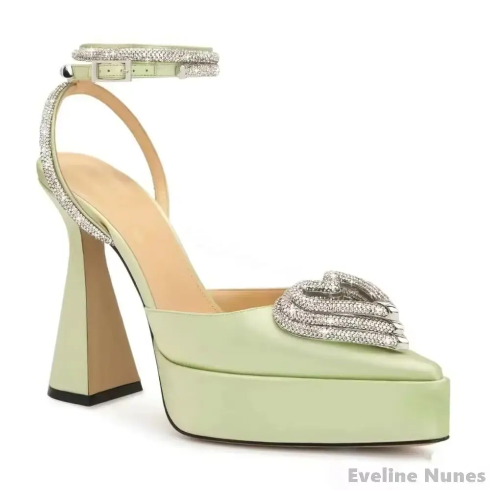 Sandalias de tacón grueso con plataforma y punta en pico con diamantes de imitación en forma de corazón para mujer, sandalias elegantes de verano con correa en el tobillo, nueva moda
