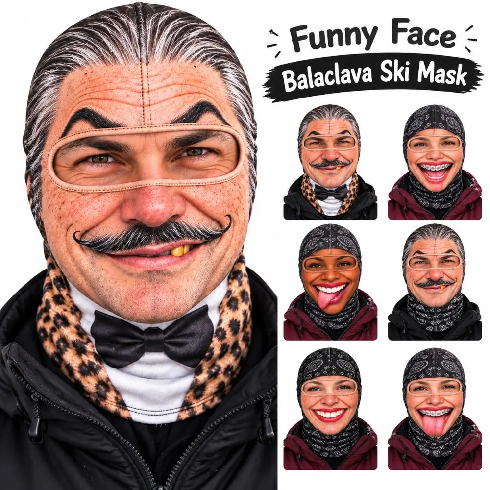 3D Face Printed Old Man Balaclava Face Mask Missing Teeth Pattern Full Coverage Winter Mask Cover Elastic Breathable Eye Hole