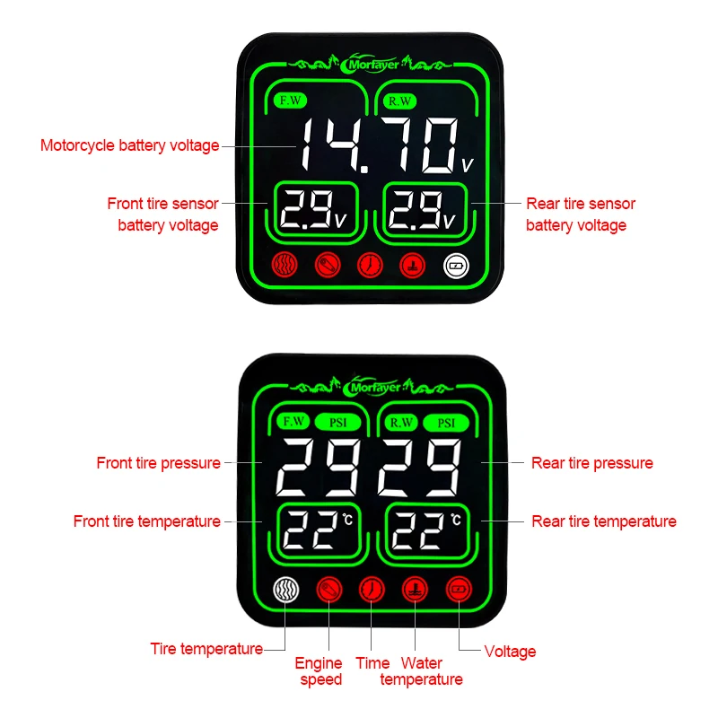 NEW Model Waterproof 8-In-1 Motorcycle Led TPMS Display Tire High Temperature Alarm Tire Pressure Alarm With 2 External Sensors