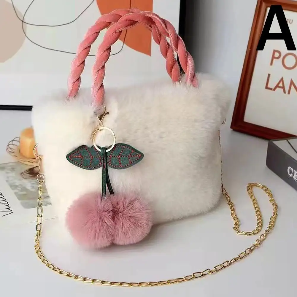 New Year Women Soft Plush Handbag Winter Furry Ladies Clutch Purse Shoulder Bags Cute Female Cherry Pendant Plush Tote Bag