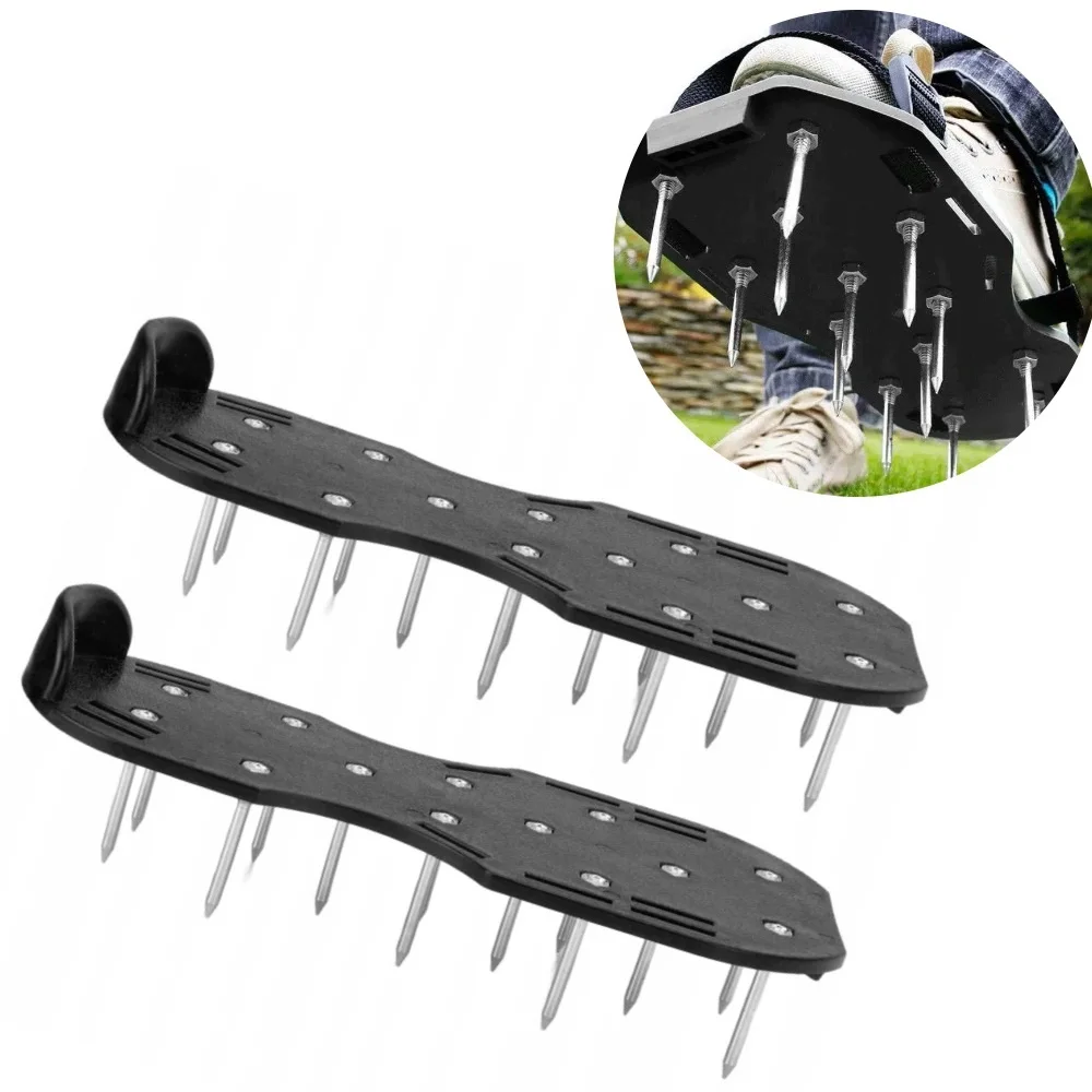 Rasenbelüftungsschuhe mit Stacheln und verstellbarem Riemen – rutschfeste Rasenstachel-Sandalen zum Belüften des Rasenbodens, Schwarz