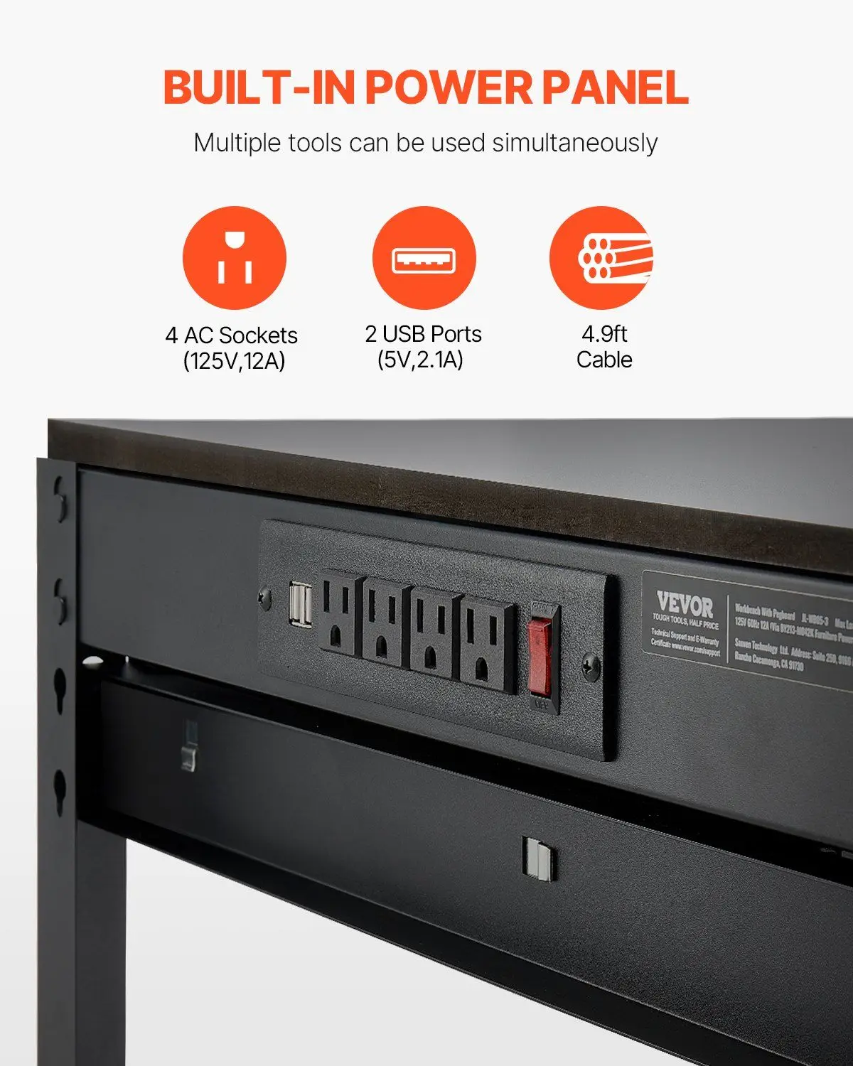 Bancada de trabalho de 242,5 libras Bancada de trabalho resistente de 47,2 polegadas com tomadas de pegboard