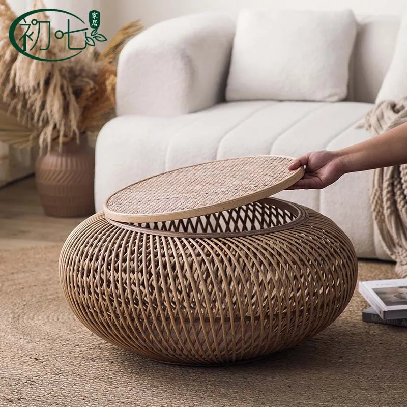Hand-woven edge few log-colored bay window round tea table small apartment living room function rattan coffee table