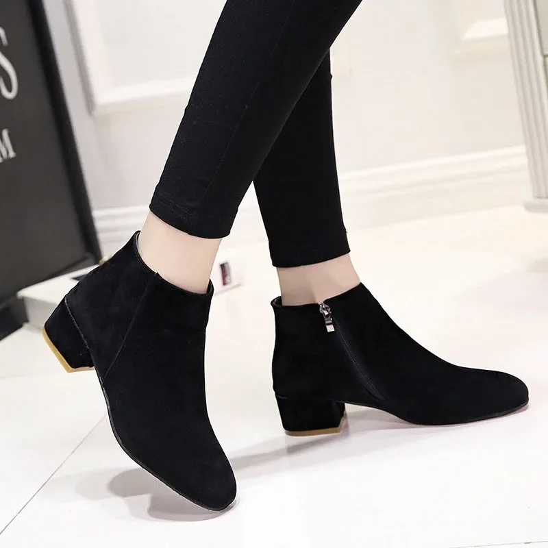 Ankle Boots Women Autumn 2024 Chunky Low Heel All-match Short Botas Solid Size Zipper Female Shoes Casual Black Botas Para Dama