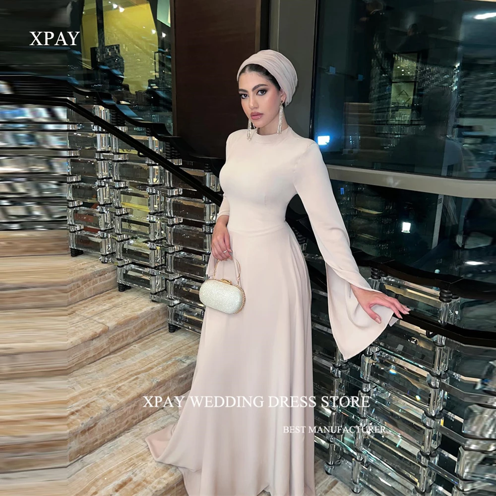 

XPAY Simple Arabic Women Evening Dresses Long Sleeves O-Neck Stretch Floor Length Formal Occasion Party Prom Gowns Wedding Guest