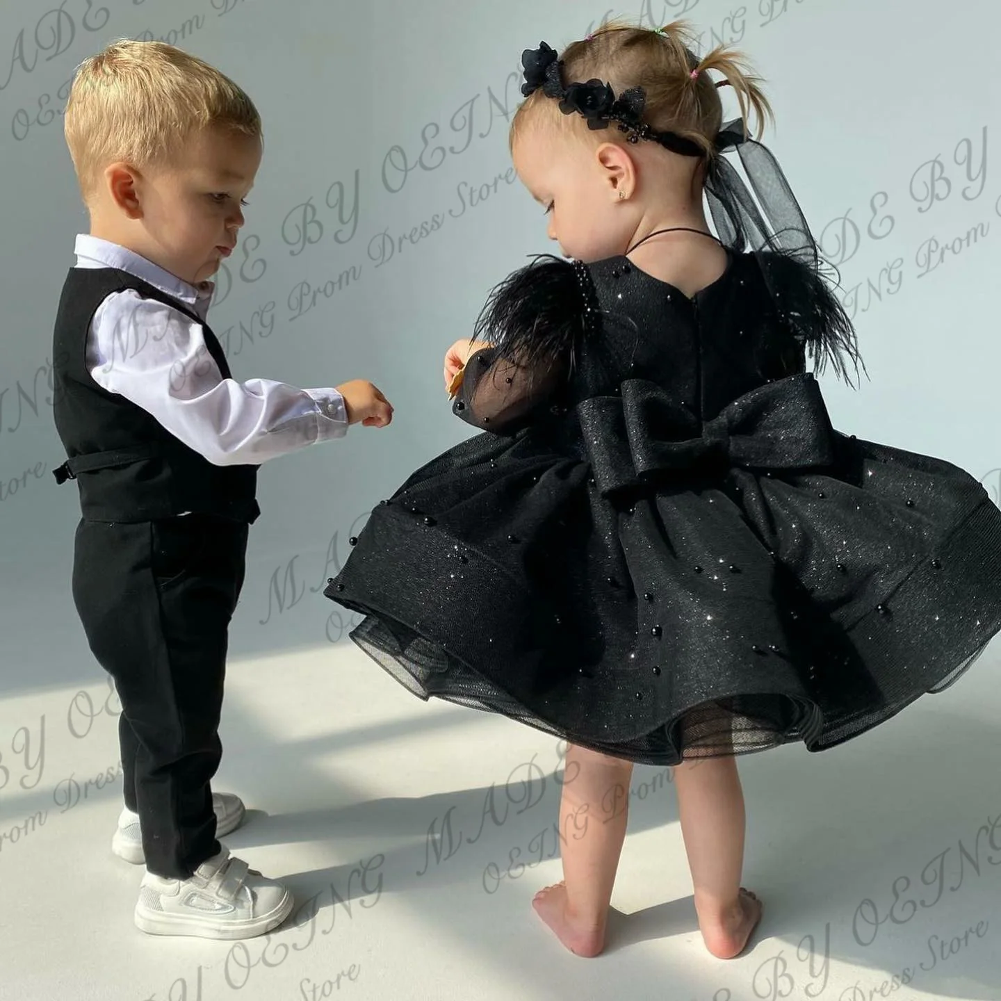 OEING Black Mother And Daughter Tulle Prom Dress Simple Sweetheart Tea Length Party Dresses Full Sleeves A Line Event Gowns