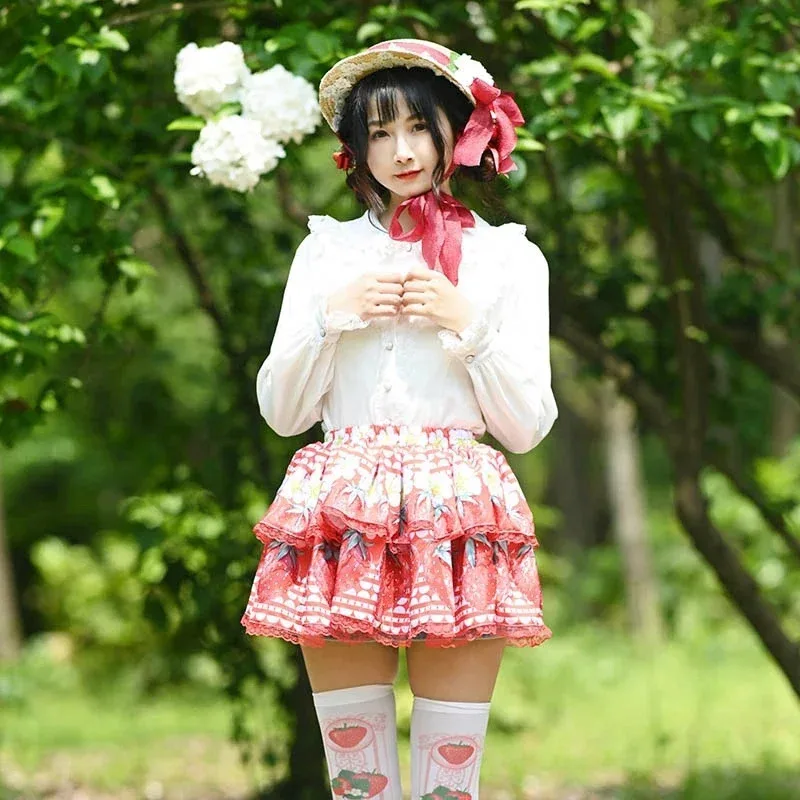 

Ainclu Kawaii Lolita Mini Layered Lace Skirt with Cute Strawberry Flowers Print if;3
