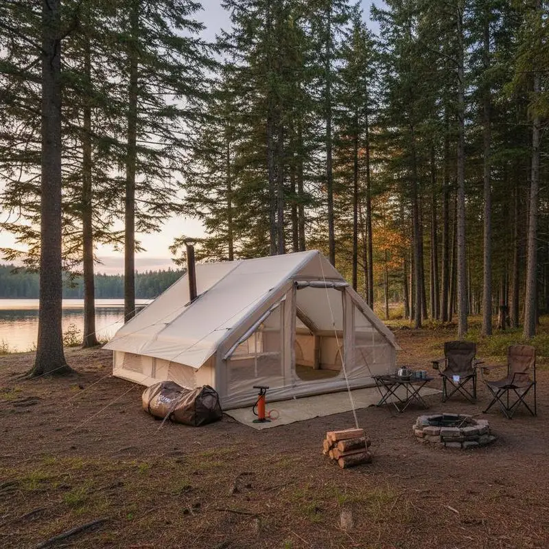 Tente de glamping gonflable beige 4×3×2 m en tissu Oxford 300D, pouvant accueillir 5 à 8 personnes. Structures gonflables en PVC et maille, montage rapide grâce à la pompe à main 1500CC fournie. Équipée de portes, fenêtres ventilées en maille, fermetures SBS et c
