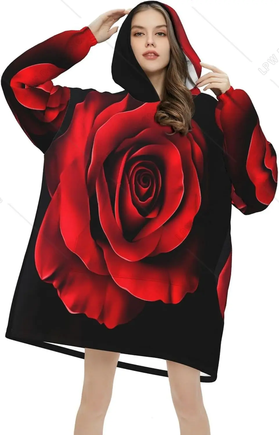 Red Rose Wearable Blanket Hoodie For Adults Flower Rose Oversized Sweatshirt Blanket Cozy Warm Sherpa Hooded With Pocket