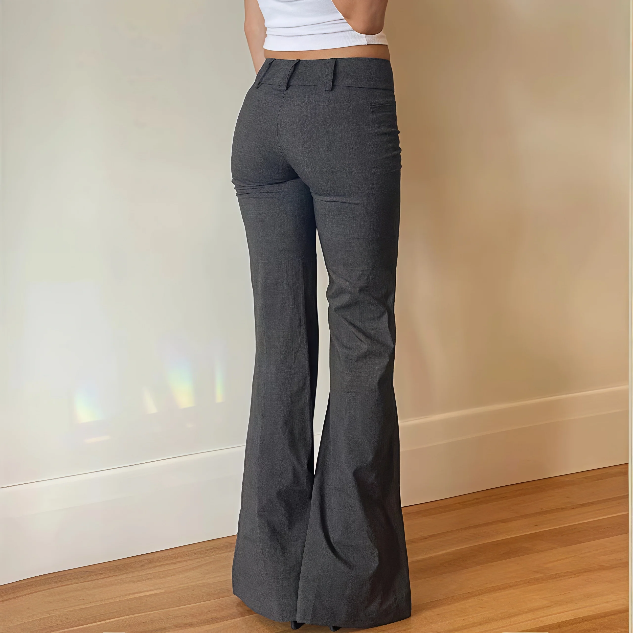 Y2K Retro Low-Rise Geraffte Schlaghose für Damen, Graues Anzugmaterial, Weit Ausgestellte Hose, Vintage Y2K Street Office Casual Lange Hose – Detail 4