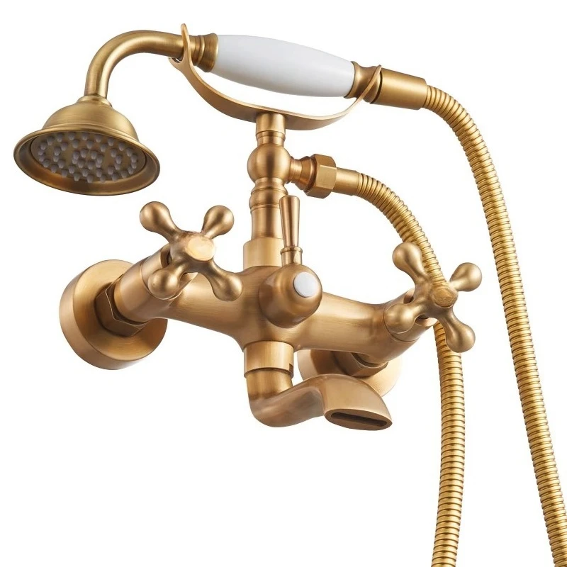 Modern retro brushed gold-foot bathtub faucet, wall-mounted, with handheld shower