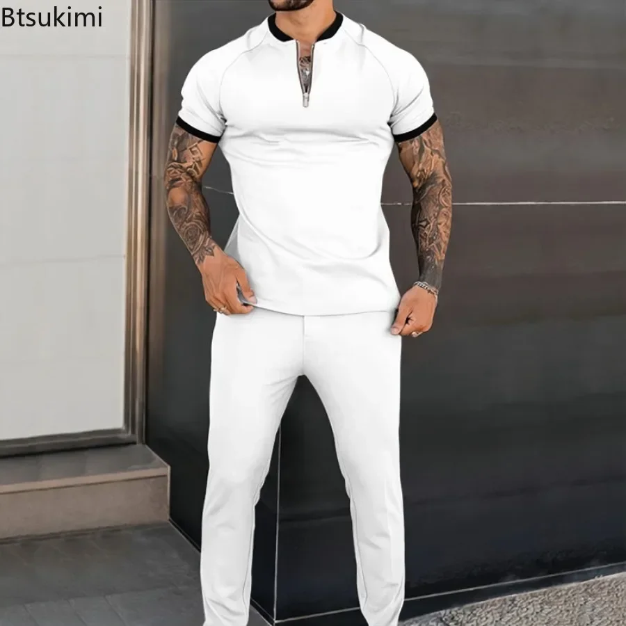 2024 Trend Men\'s Sport Suit New Short Sleeve Half Zip Stand Collar Pullover+Pants Two Pieces Fashion Solid Casual Slim Male Sets