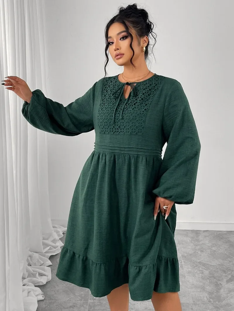GUWU New Autumn Cotton Hemp Splicing Design Plus Size Dress Loose Bubble Full Sleeve Hollow High Waist Elegant Dress