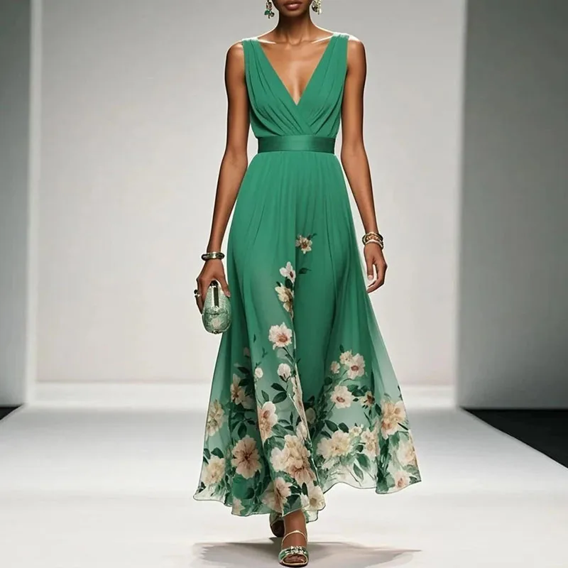 2025 nieuwe sexy v-hals a-lijn galajurken zomer dames hoge taille chiffon bedrukte jurk lente mode mouwloze bohemien jurk