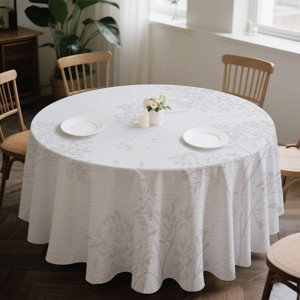 One round tablecloth, featuring a floral breeze design, is made of woven polyester.