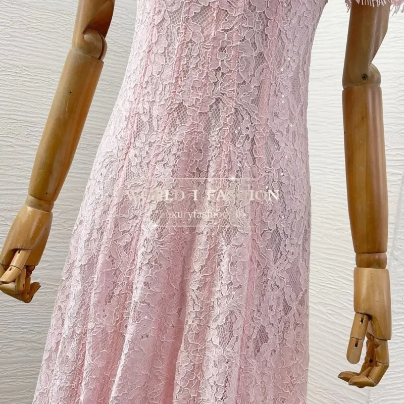 2025 Nowa wysokiej jakości różowa sukienka damska z krótkim rękawem i koronką na imprezę