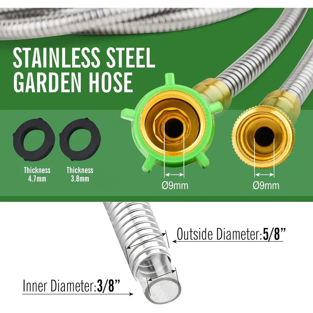 20ft Stainless Steel Garden Hose with Female to Male Connector, Leak-Resistant, Flexible & Lightweight, Kink-Free Water Hose for