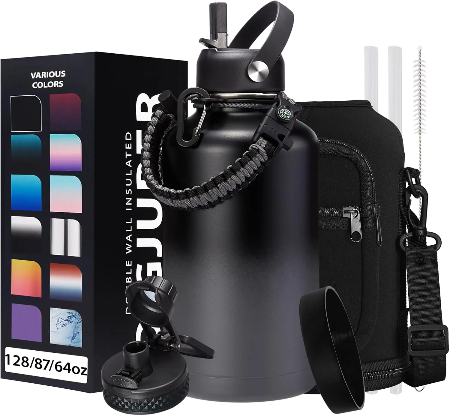 64oz Insulated Water Bottle with Straw & Spout Lid, Paracord Handle, Carrier Bag, Keeps Cold 48h Hot 24h