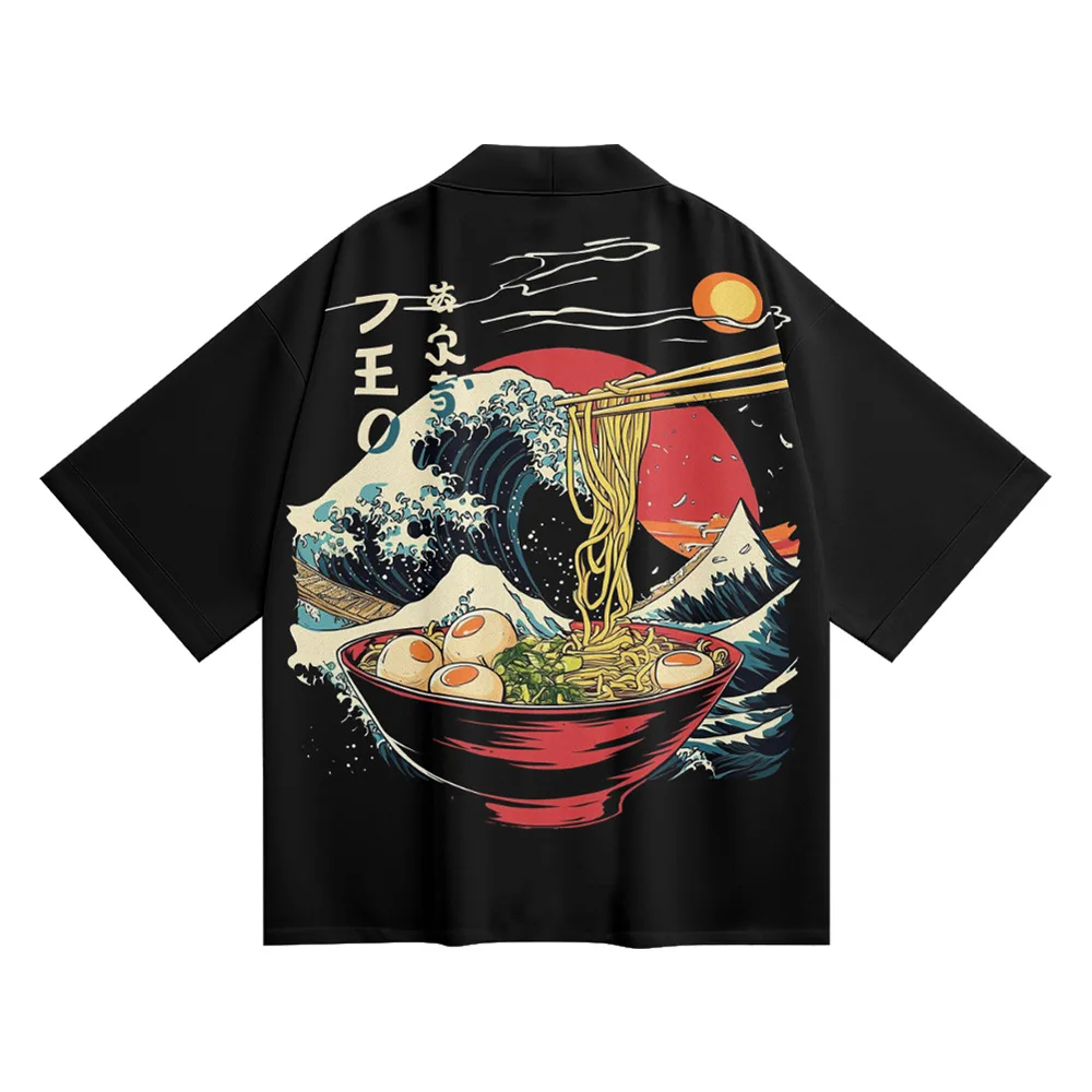 

Plus Size Beach Japanese Samurai Cosplay Haori Carp Black Print Kimono Cardigan Men Yukata Traditional Asian Clothing