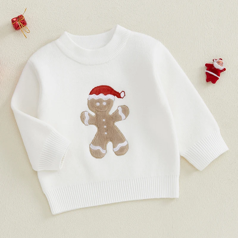 Girls Boys Christmas Knit Sweater Long Sleeve O Neck Gingerbread Man Embroidery Pullover Knitwear