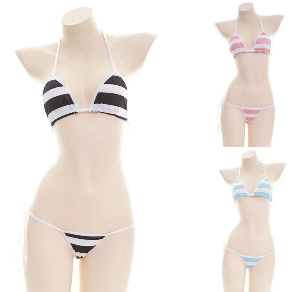 Women Sexy Stripe Bikini With Adjustable Tie Side Schoolgirl Swimsuit Ladies Bra + Briefs Split Bikini Summer