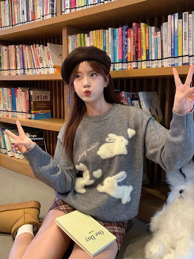 Sweet Sle round Ne Knitted Sweater ort Loose Animal Design Overhead Salted Plum JK Rabbit Cute Top for Women Winter 2024