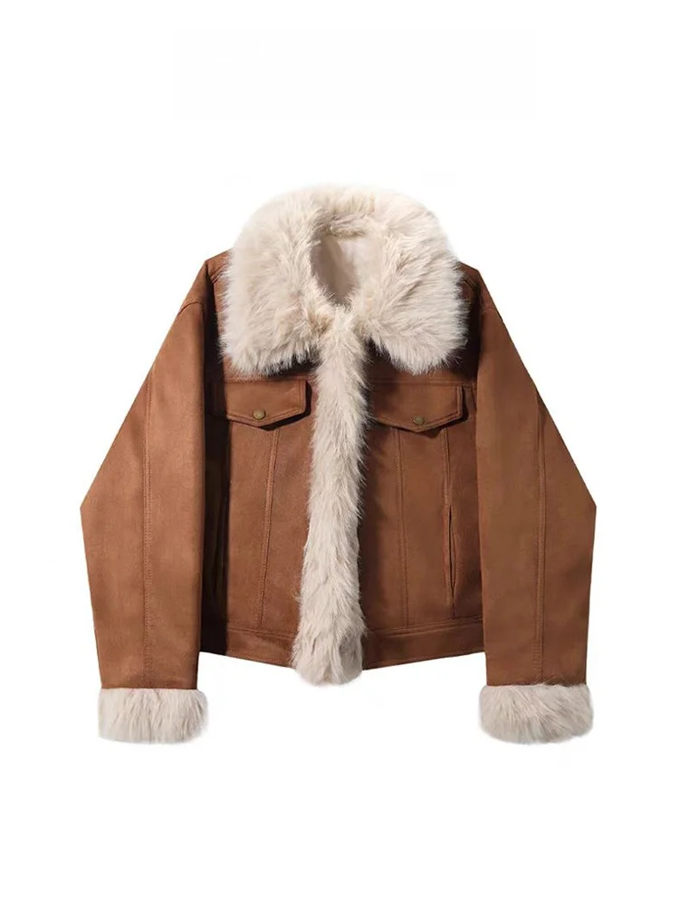 

Retro Brown Denim Cotton Jaet Women's Thiened ort Splicing Faux Fur Inner Zipper Closure Pure Color Autumn Winter Coat