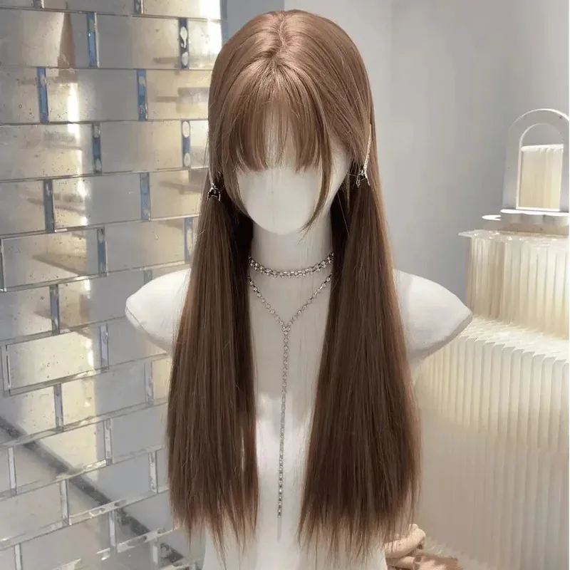 خمر الطفل شعر مستعار بني مع الانفجارات طويل مستقيم الباروكات للنساء ارتفاع درجة الحرارة الألياف شعر مستعار اصطناعي عقال شعر مستعار للاستخدام اليومي