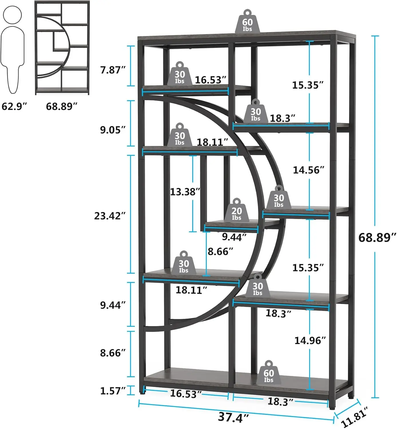 Industrial 5-Tier Bookshelf - Freestanding Etagere Bookcase with 9 Open Shelves for Living Room, Bedroom Storage