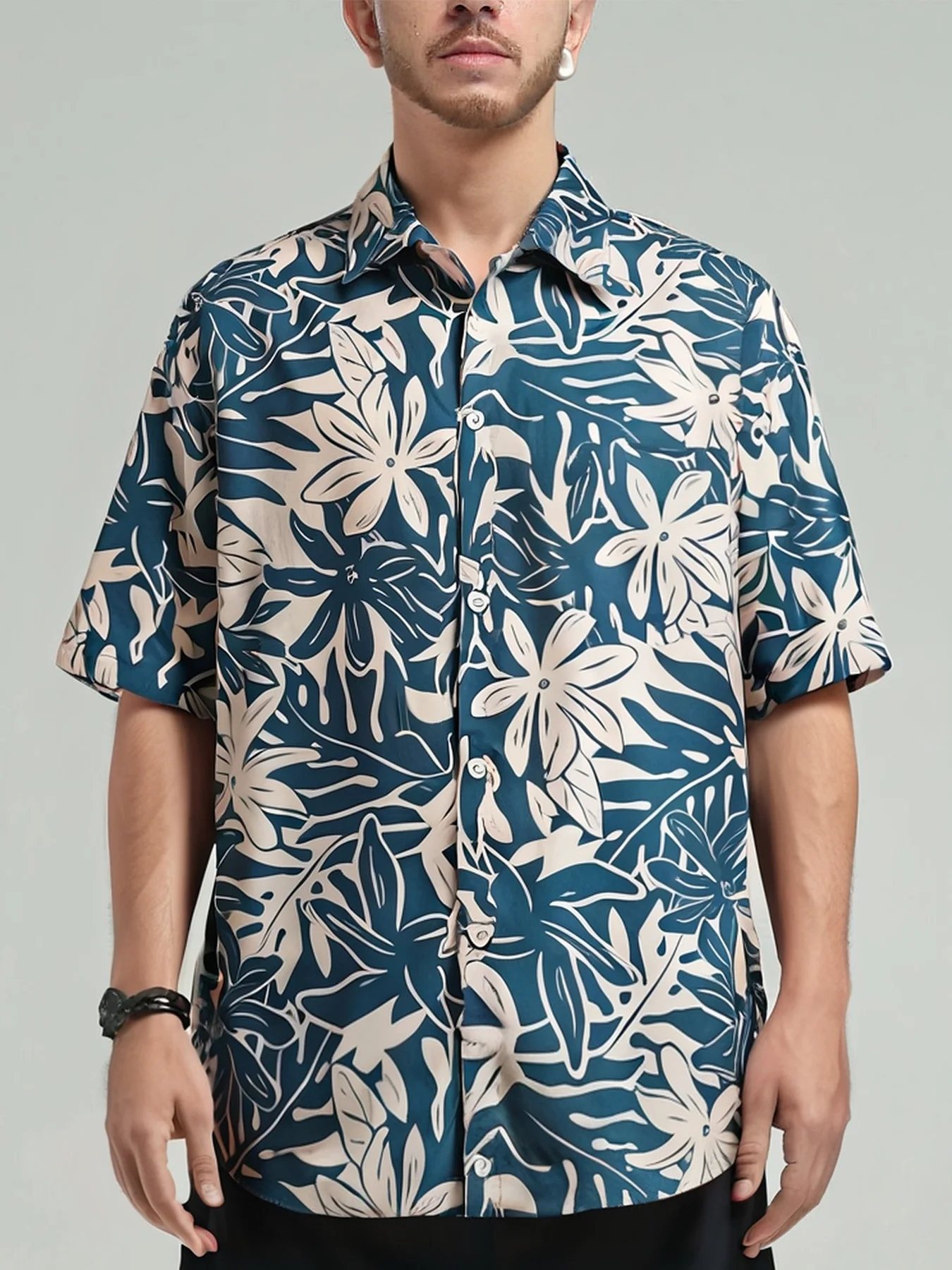

Oversized Loose Short Sleeve Leaves Print Hawaii Beach Summer Men Shirt Student Couples Fashion Casual Mens Clothing