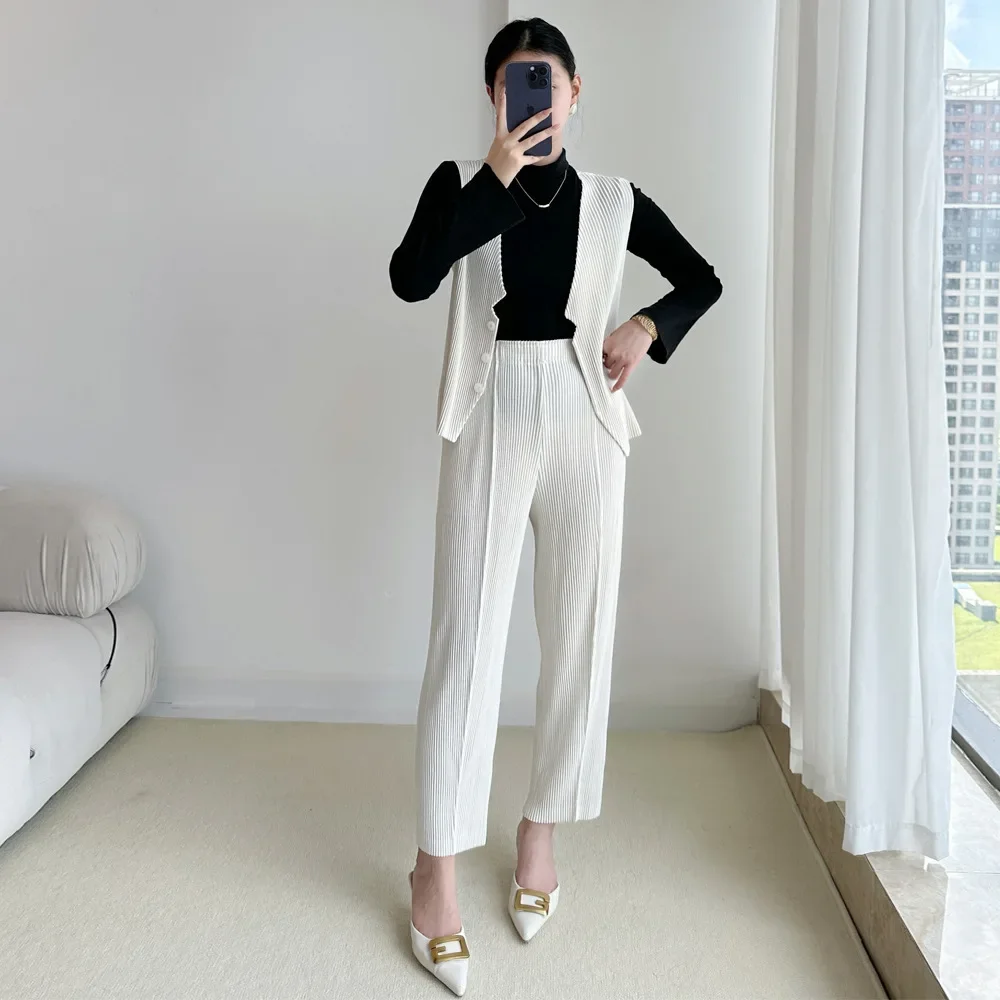 Pleats Pleated Pants Suit Commuter Female Fall and Winter New V-neck Sleeveless Vest Outside with Thin Casual Pants 2-piece Set