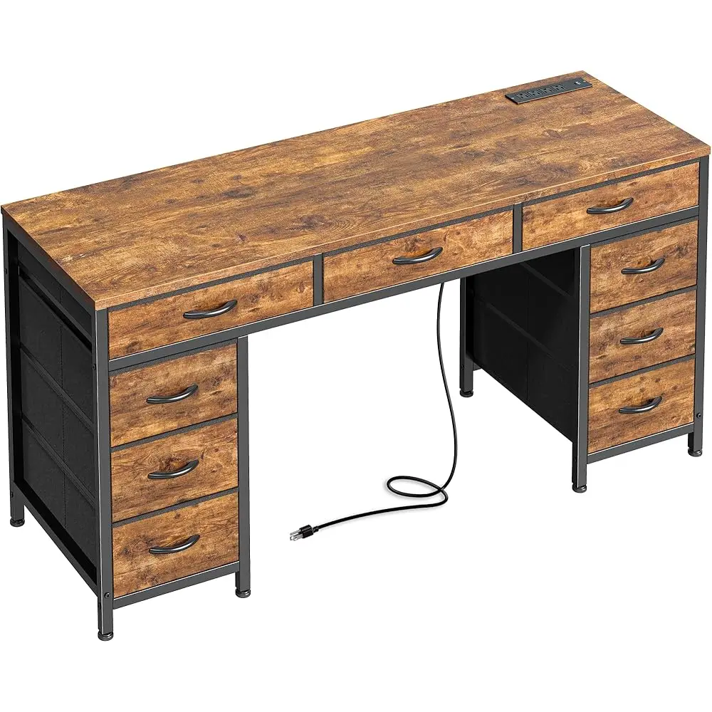 

Офисный стол 54-H с розетками, компьютерный стол с 9 тканевыми ящиками, письменный игровой рабочий стол для спальни, гостиной,