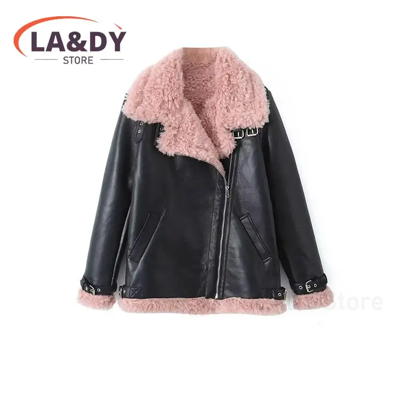 Faux Leather Jacket Women New Autumn Winter Fashion Warm Lambwool Zip Pockets Coat Casual Motorcycle Outwear Female