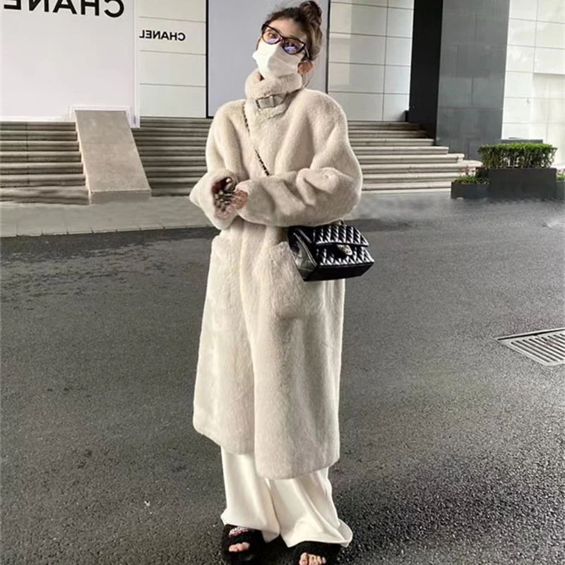 Fur Coats Women\'s Faux Mink Fur Cardigan Jackets Fashion White Female Loose Long Sleeve 113cm Fur Plush Winter Warm Coat