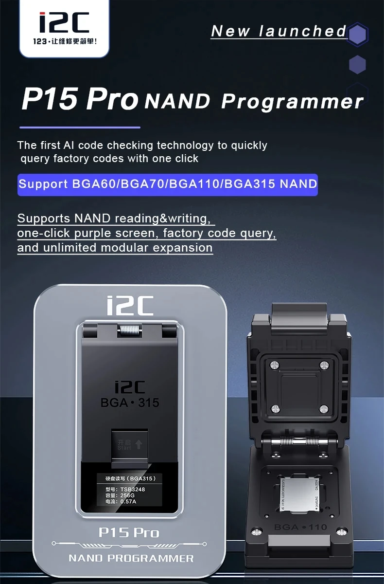 

I2C P15 Pro PCIE Nand HDD Programmer BGA60/BGA70/BGA110/BGA315 for iPhone 6-15PM Hard Disk Date Modify Purple Sceen WIFI Unbind