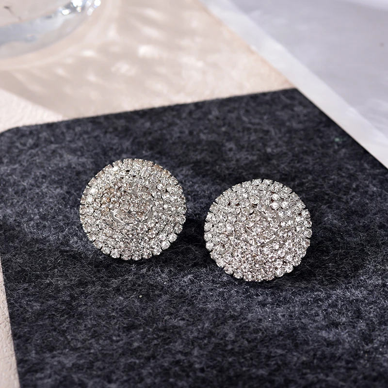 Fashion Bling Full Rhinestone Big Round Stud Earrings For Women Geometric Gold Silver Color Crystal Statement Wedding Jewelry