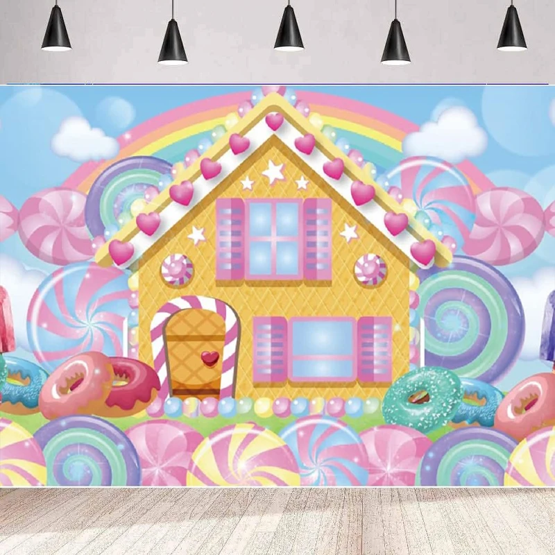 

Lollipop Candyland Photography Backdrop Sweet Candy Cookies Cabin Colorful Donuts Icecream Rainbow Birthday Party Background