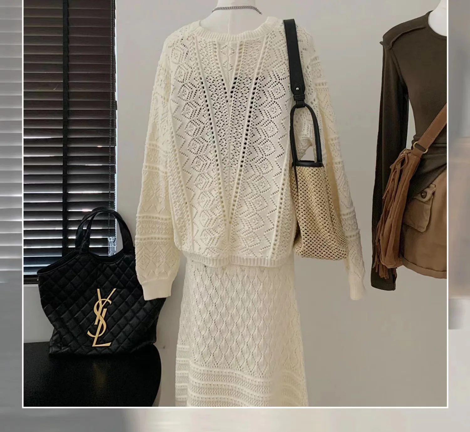 TIYIHAILEY Free Shipping Cotton Single Breasted Coat Women Crocheted Outerwear Full Sleeve Hand Made Sweaters Long Skirt One Set