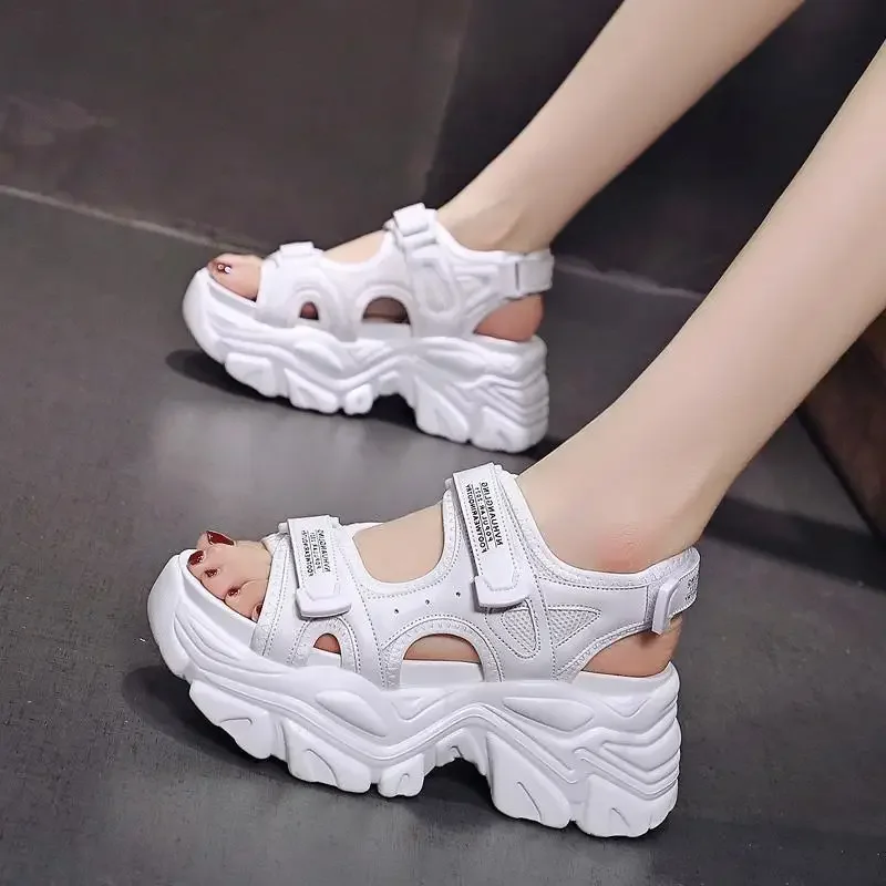 8cm Women Sandals Platform Thick Sole Chunky Shoes Platform Ins Casual Summer Shoes Sandals Beige Black Comfortable