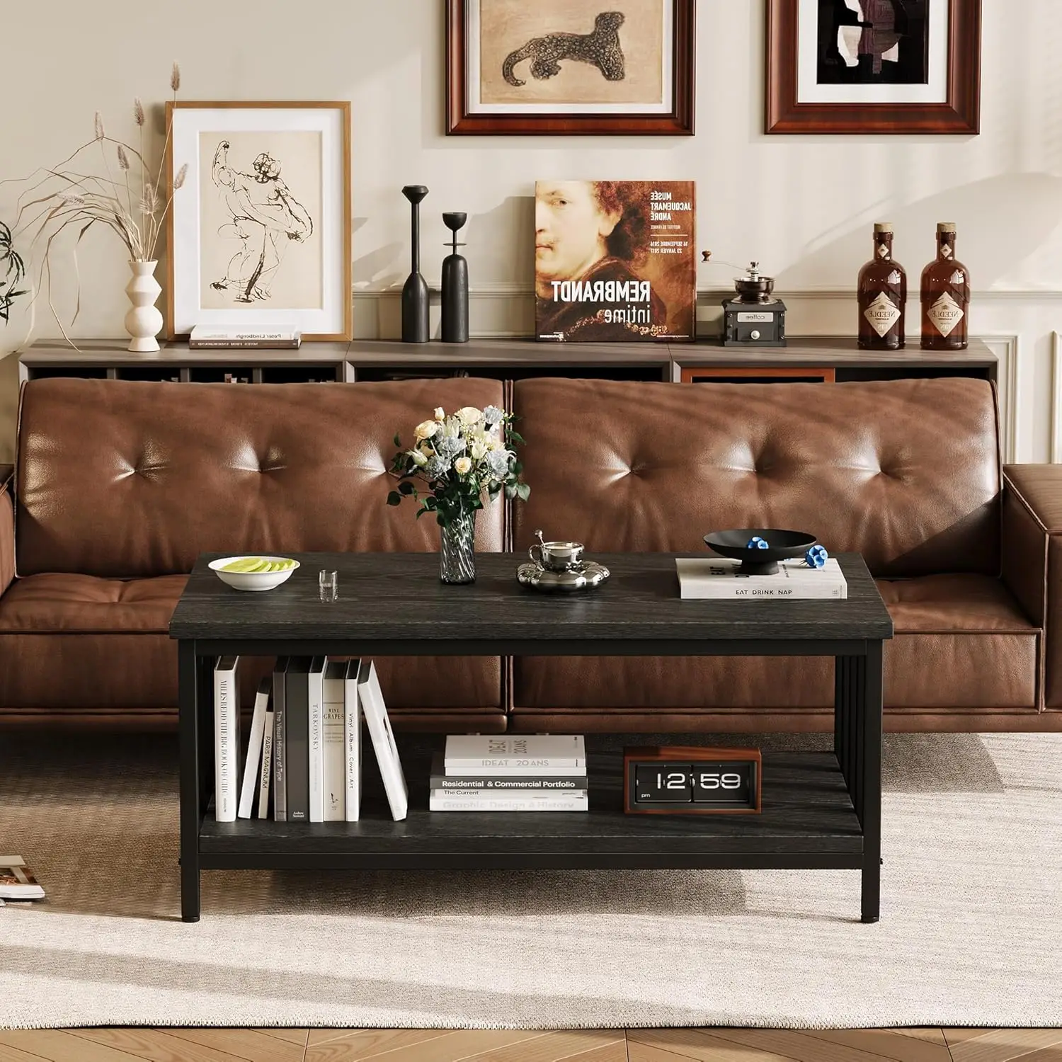 Coffee Table for Living Room with Slatted Sides Frame, Modern Farmhouse Living Room Table with 2-Tier Storage Shelf