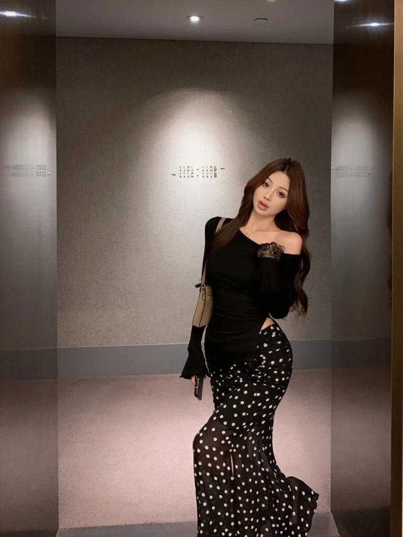 

Black Lace Splice Shoulder Long Sleeve T-Shirt Women Summer Pure Desire Polka Dot Wrap around High Waist Skirt Two Piece Set