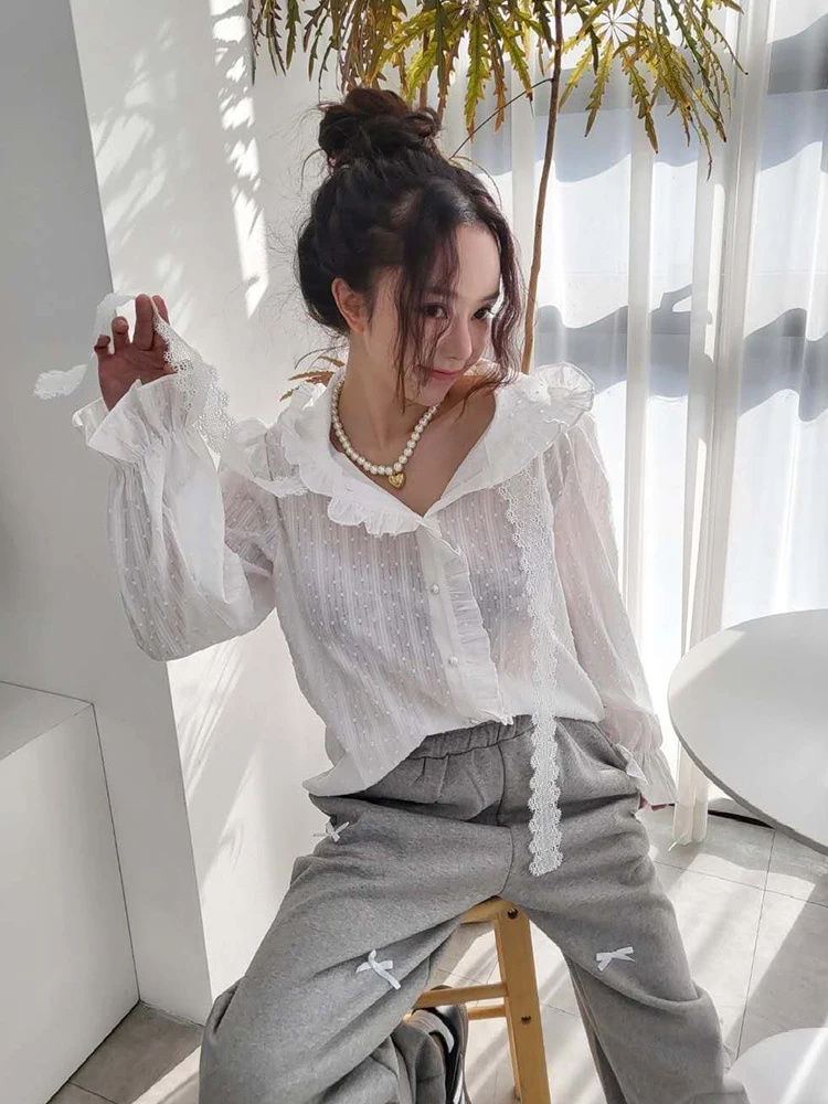 Liliang Women's Sun Protection irt with Hat Embroidered Lace Polka Dot Spring New Sle Anti Aging Long Sve Korean Sle