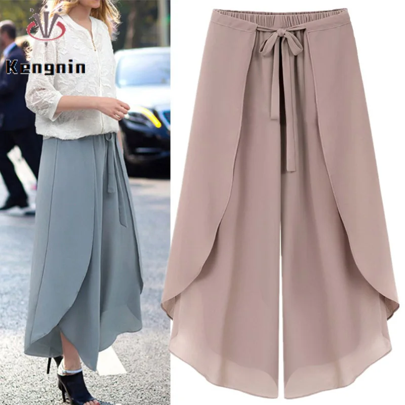 

2024 Summer European Chic Women's Trousers Drawstring Chiffon Lady Capris Plus Size 4XL Female Wide Leg Pants Patchwork KN625