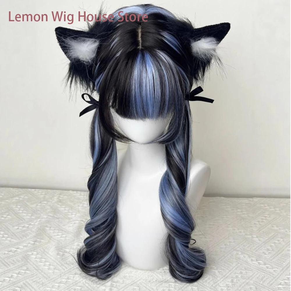 Long Wavy Curly Lolita Wig Anime Cosplay Wig Blue Ombre Black Gothic Double Ponytail Hair Women Girls Halloween Party Kawaii Wig