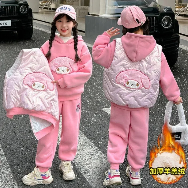 

My Melody Anime Kawaii Fashion Soft Vest Hooded Pants Set Cute Cartoon Sanrio Ins Sweet Clothing Lovely Gifts for Kids