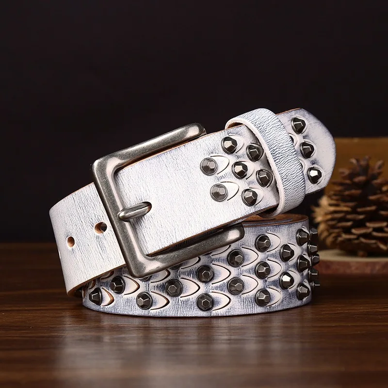 3.8CM Cowhide Genuine Leather for Men's High Quality Jeans Pin Buckle Personalized Rivet Belt Cowboy Waistband Male Designer